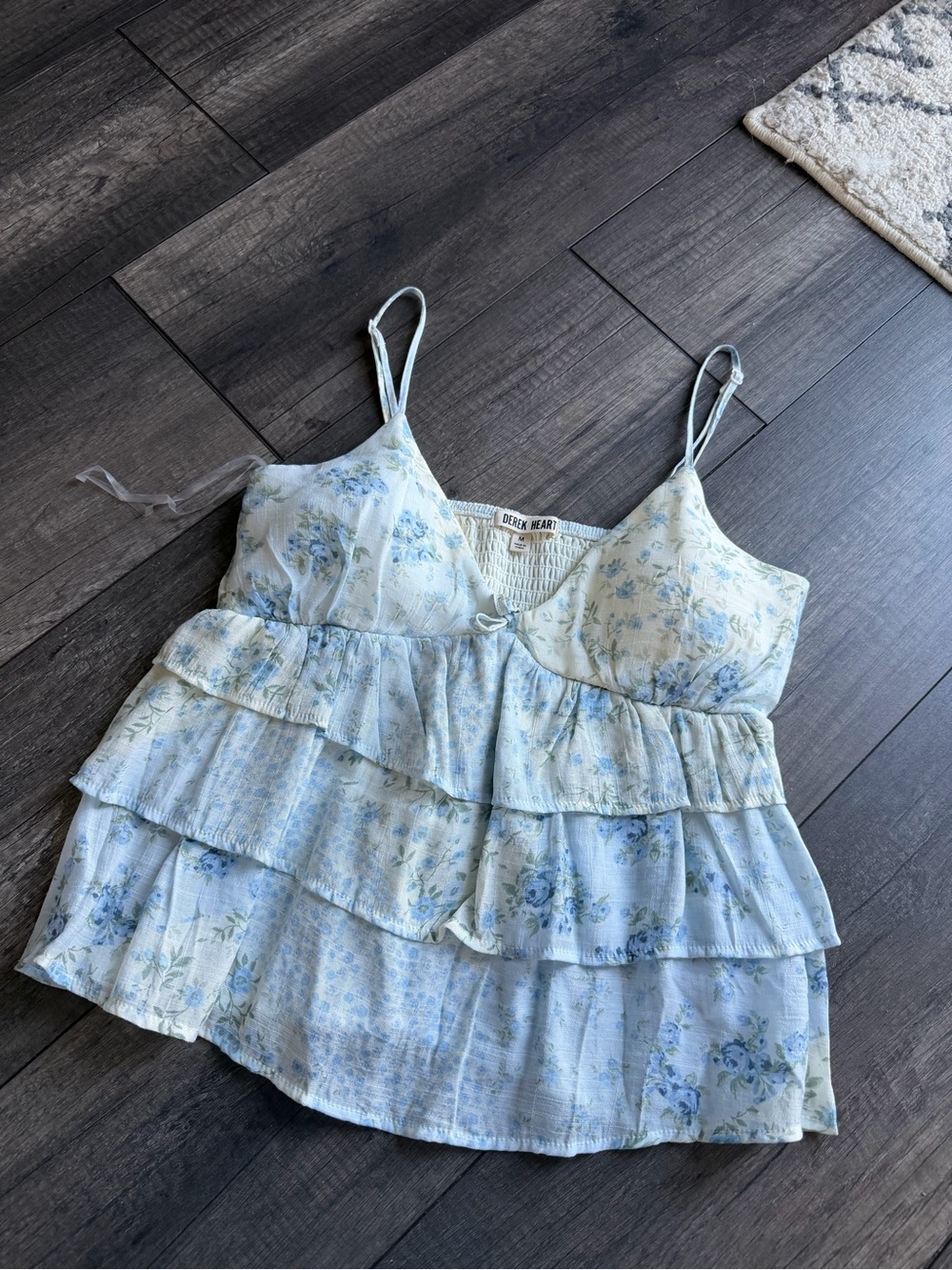 Derek Heart Pale Blue Floral Tiered Ruffle Tank